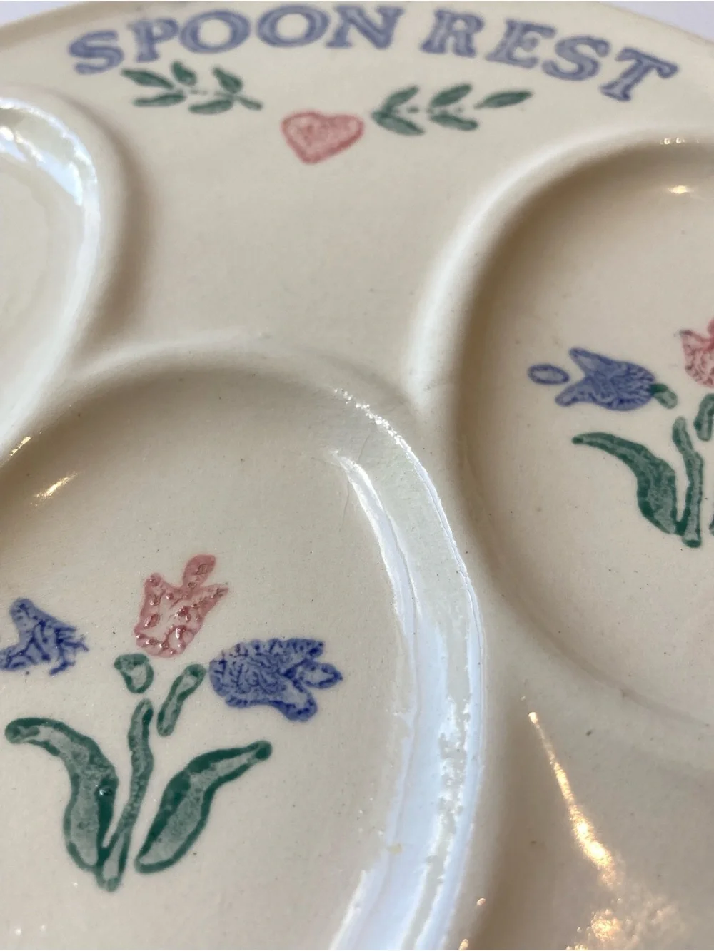 Vintage Triple Spoon Rest Ceramic Country Tulips Flowers Cottage Cozy Charming
